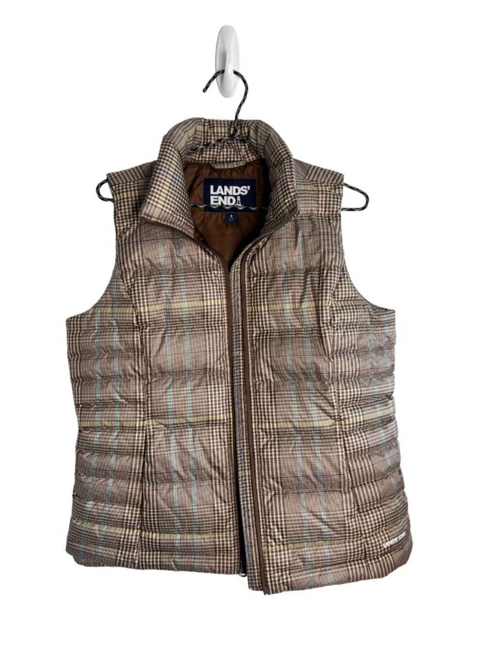 Land's End Brown Preppy Academia Plaid Down Feather Classic Puffer Zip Up Vest